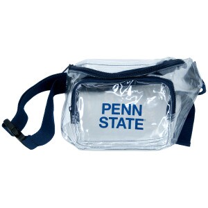 clear fanny pack with navy Penn Stat, strap, and zippers